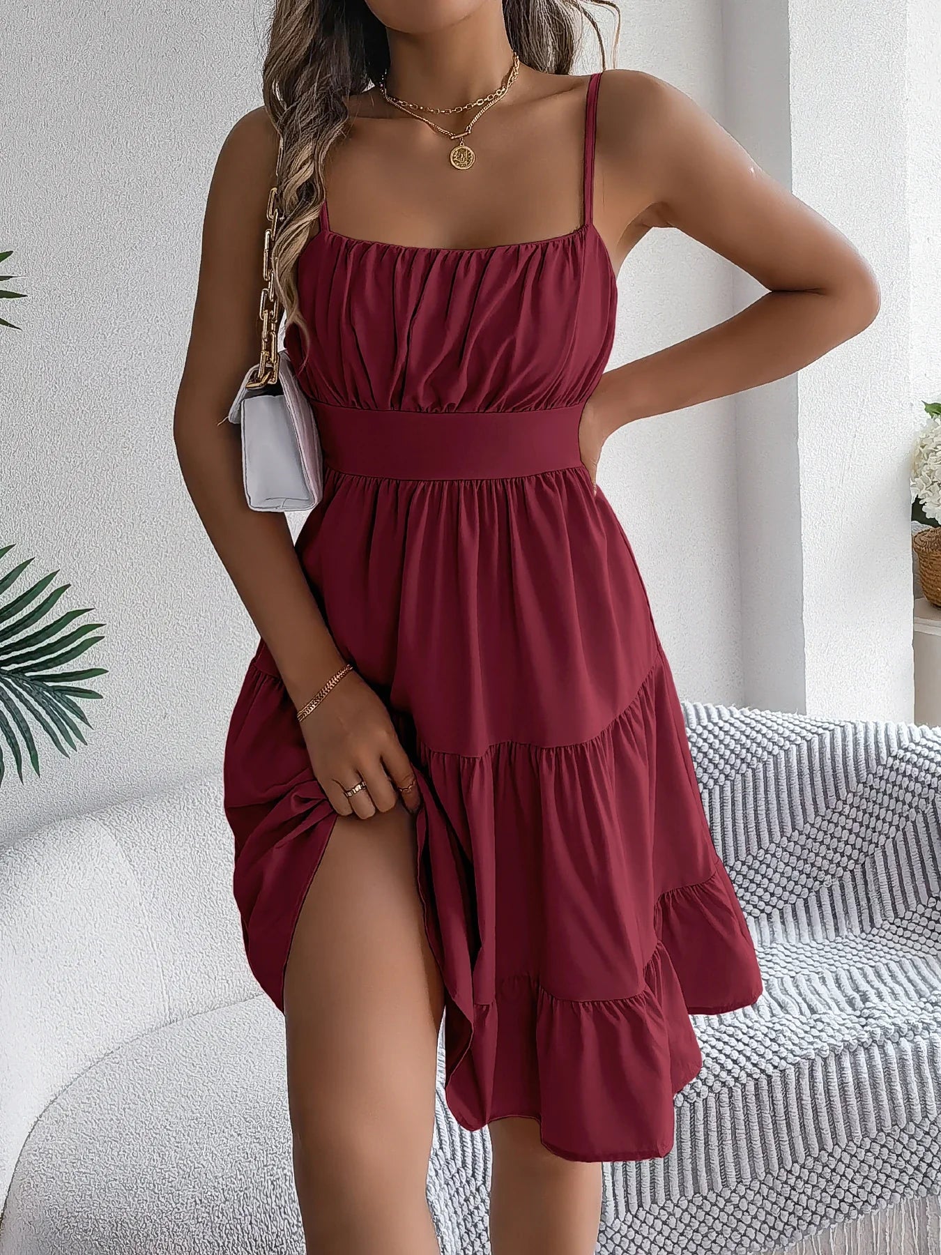 Casual Vacation Ruffled Camisole Dress Spring Summer Women's Solid Dresses for 2026 Valentine's Day Woman Clothing Pink Blue
