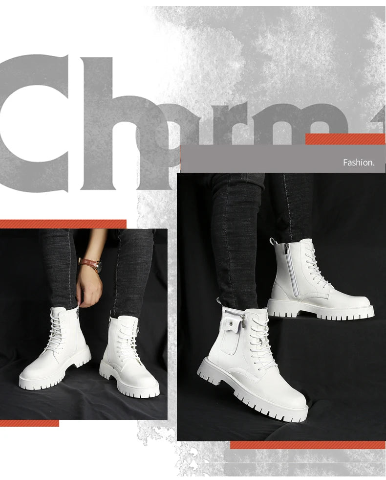 Fashion White Boots For Men New British Style Platform Motorcycle Boots Good Quality Casual Men’s High Top Leather Shoes Punk