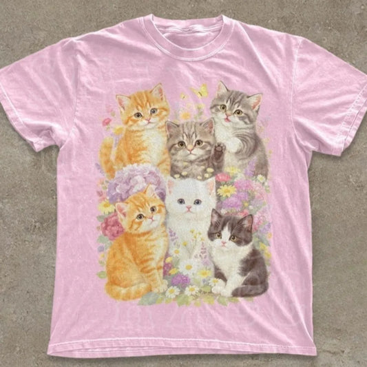 Retro Kitten Shirt, Retro Floral Cat T-shirt, Pastoral Style Gift T-shirt for Cat Lovers Aesthetic Cute Clothing, Harajuku Style