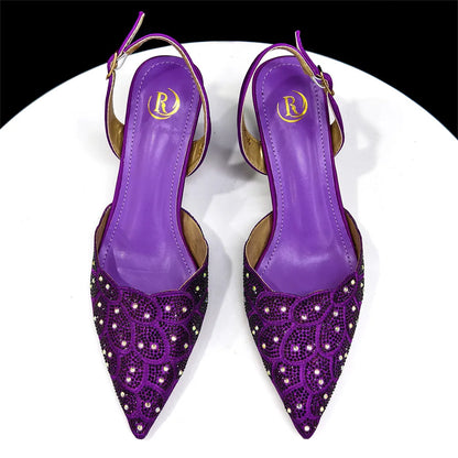 2026 New Shiny Italian Fashion Pointed Toe Women Heel Fashion Rhinestone Decoration Peach Color Shoes And Bag Set