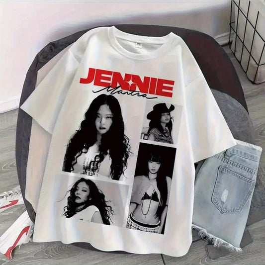 JENNIE Women'S Retro Hong Kong Style Black & White Photo Print T-Shirt Summer Men's and Women's Loose and Breathable T-shirt Top