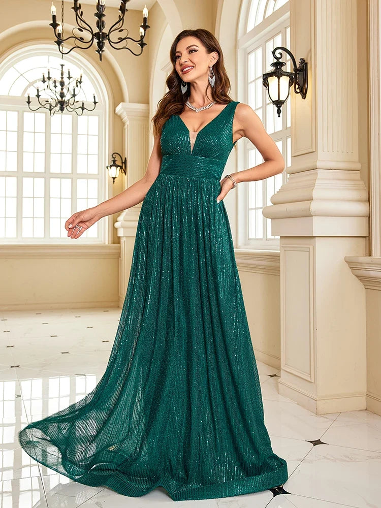 Women Luxury V-Neck Sleeveless Green Formal Evening Dress Sequin 2025 Wedding Party Prom Maxi Cocktail Dress Vestido