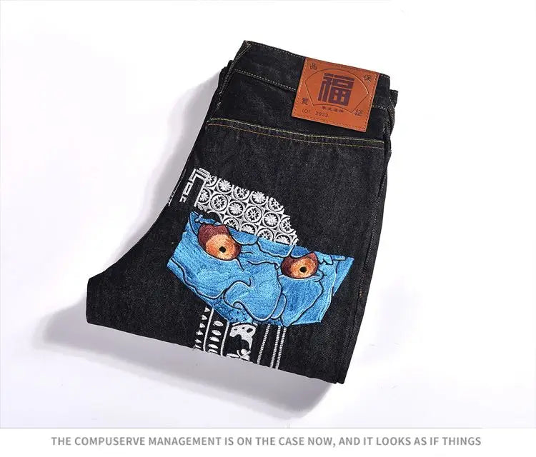 Japanese Handmade Embroidered Jeans Men's Pure Cotton Straight Tube Hip-Hop Popular Slim Red Ears Show Thin Trousers Devil Big M