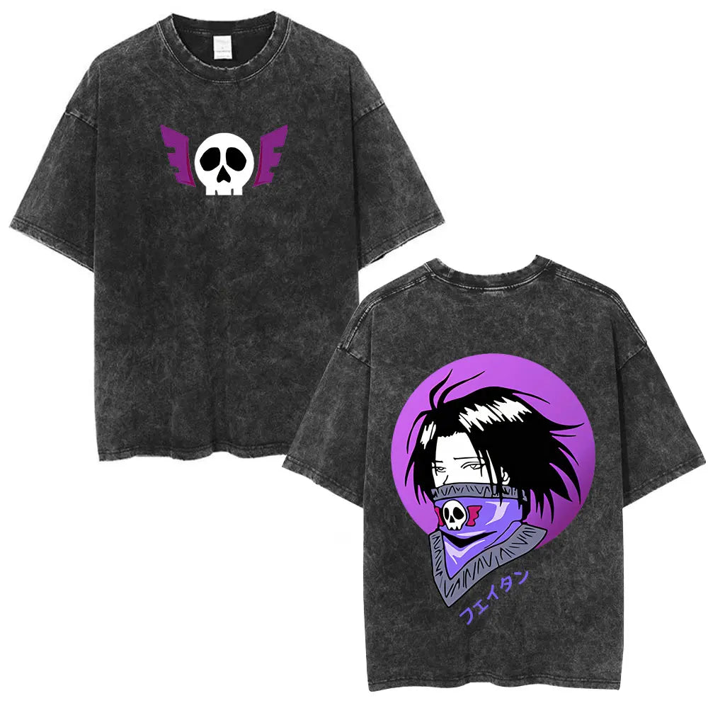 Anime Hunter X Hunter Logo Vintage Washed T Shirt Killua Gon Cherry Blossom Graphic T-shirt Men Fashion Casual Oversized Tshirt