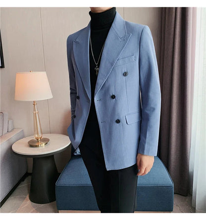 Classic Luxury Striped Men Suit Jacket Fashion Double Breasted Business Office Wedding Tuxedos Male High Quality Slim Fit Blazer