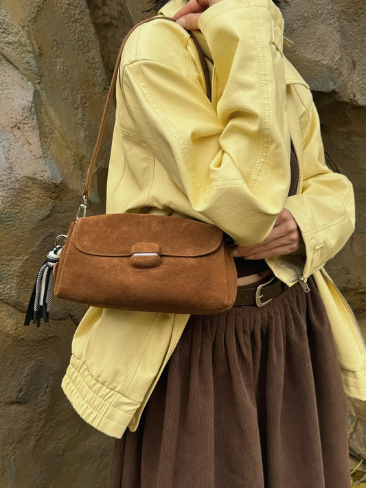 Genuine Grade Luxury Designer Women's Small Shoulder Crossbody Small Square Bags Suede Leather Female Daily Purse Underarm Bag