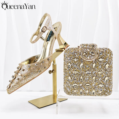 Elegant Full High Quality Diamond Design Olive Color Italian Women's Shoe and Handbag Set for Weddings and Special Occasions