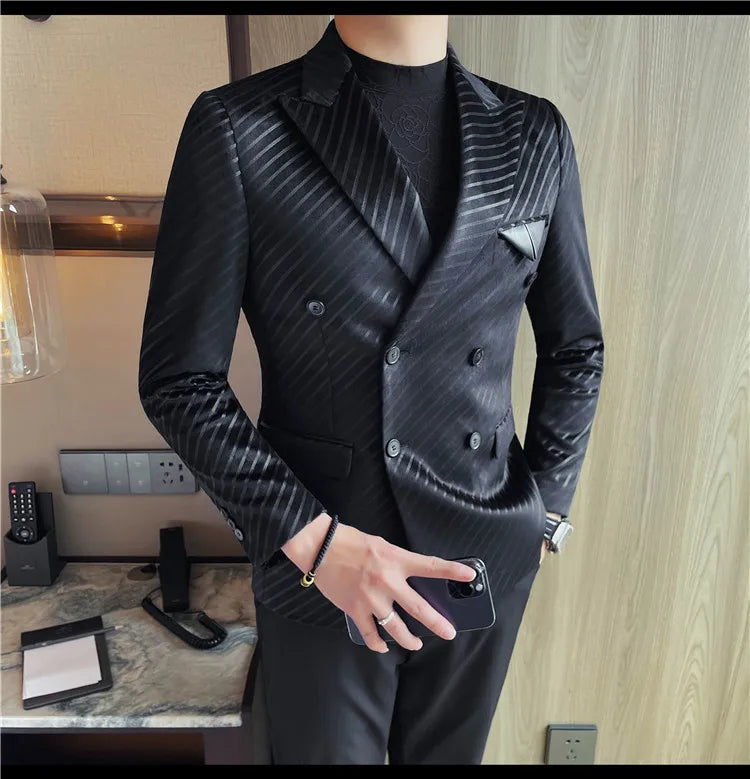 British Style Luxury Men Double Breasted Twill Suit Jacket High Quality Fashion Business Slim Fit Groom Social Party Suit Dress
