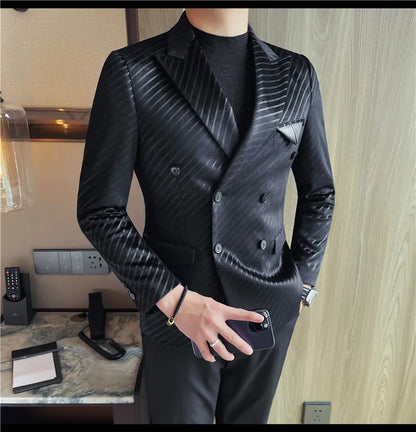 British Style Luxury Men Double Breasted Twill Suit Jacket High Quality Fashion Business Slim Fit Groom Social Party Suit Dress