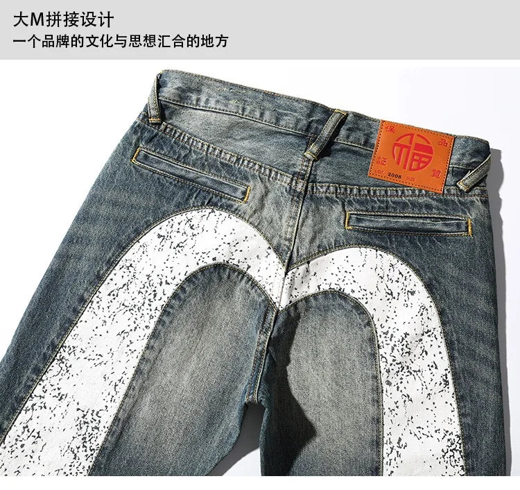 Men's Japanese Handmade Embroidered Jeans Pure Cotton Straight Tube Hip-Hop Popular Slim Red Ears Show Thin Trousers Blue MDevil