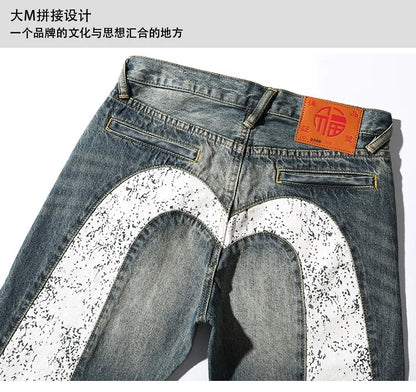 Men's Japanese Handmade Embroidered Jeans Pure Cotton Straight Tube Hip-Hop Popular Slim Red Ears Show Thin Trousers Blue MDevil