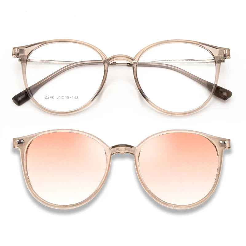Magnetic Clip On Glasses Women Driving Polarised Round Pink Optical Myopia Eyewear Men Custom Prescription Glasses 2240