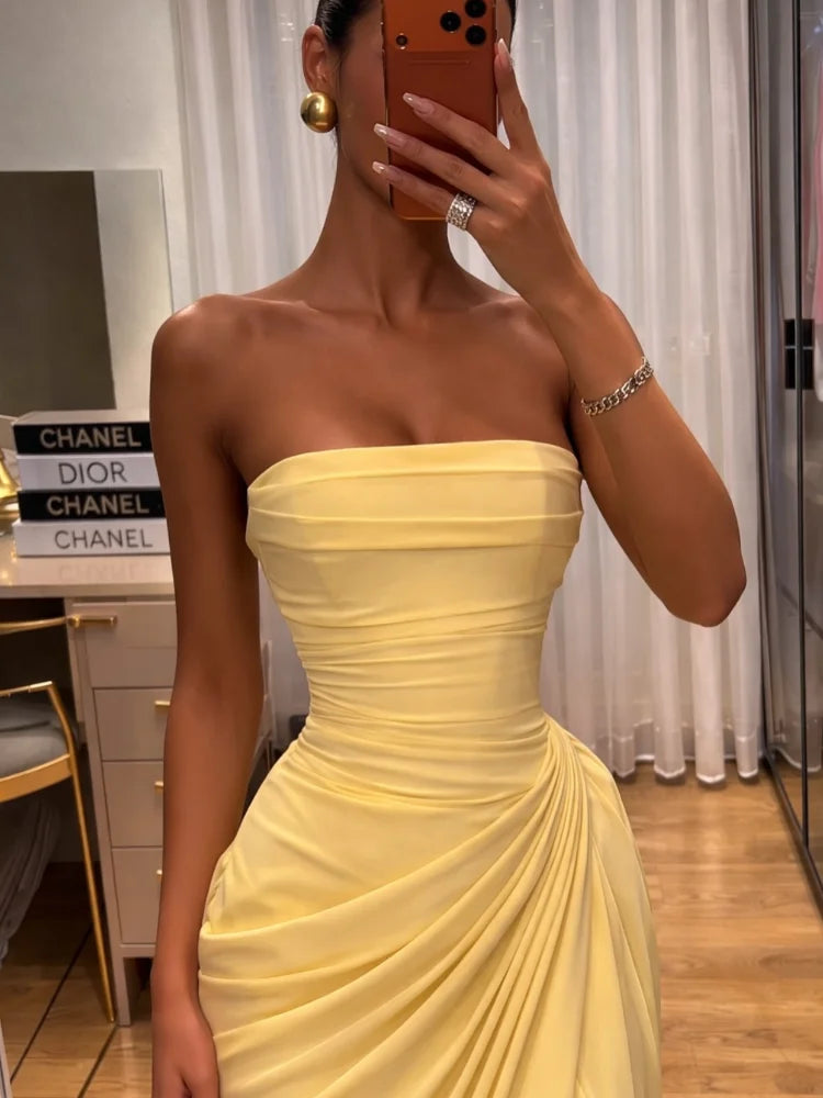Women Strapless Pleated Long Dress Elegant Solid Split Sleeveless Backless High Waist Slim Fit Maxi Dresses 2026 Lady Party Robe