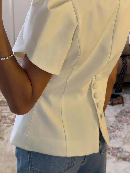 Women 2026 Spring Summer Lace Detail Blouse Stand Collar Puff Short Sleeve Fitted Waist Button Front Elegant Office Blazer