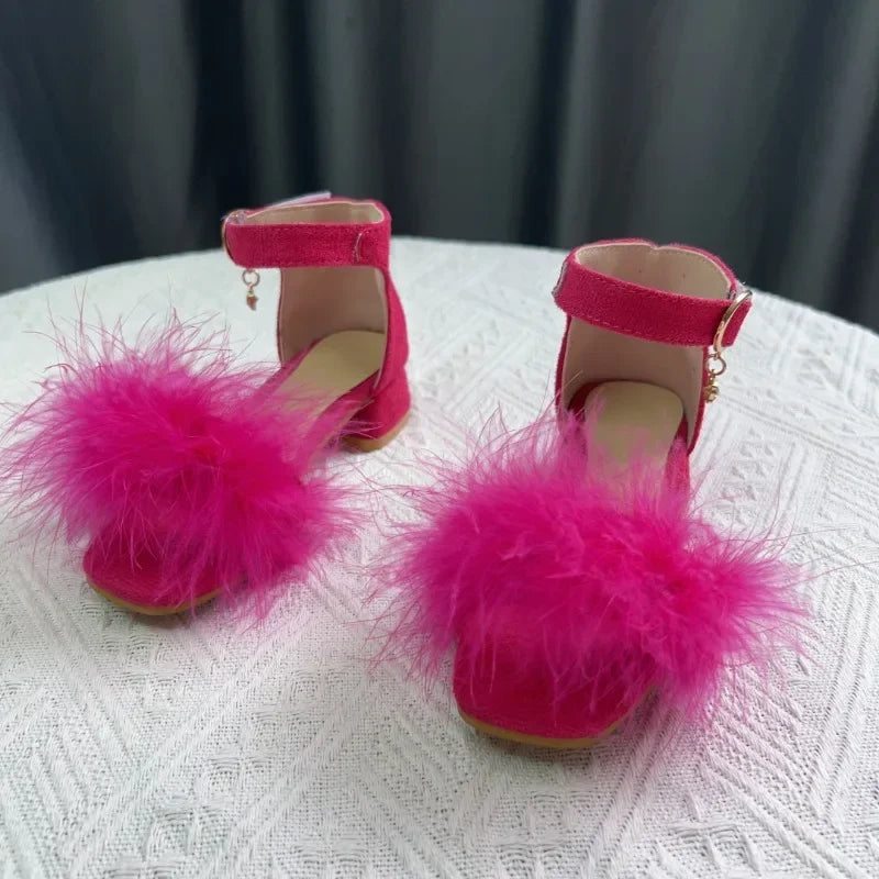 Toddler Girls Sandals Summer Low-heels Children's Sandals Open-toe Princess Fluffy New Versatile Kids Fashion Ankle-strap Shoes