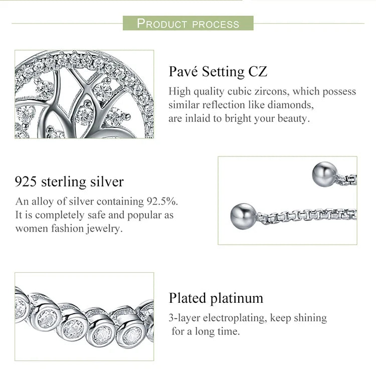 925 Sterling Silver Tree of Life CZ Tennis Bracelet Women Adjustable Bolo Bracelet Fine Jewelry SCB035