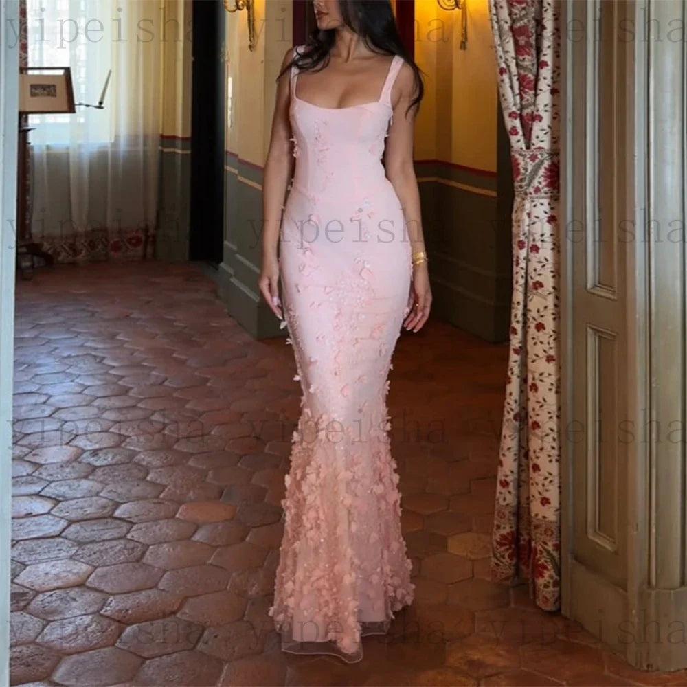 Customized square collar mermaid Evening Dresses spaghetti strap Party Dress 3D Flowers Sequined Lace Appliques Long Prom Gown