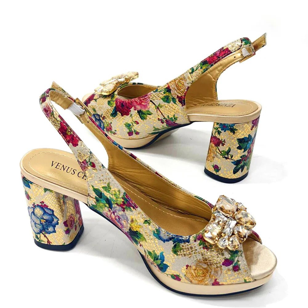Italian Sandals and Bags Matching Set 2024 Women Heel Party for Gold Colour Wedding Bigger Size Thick Heel Shoes