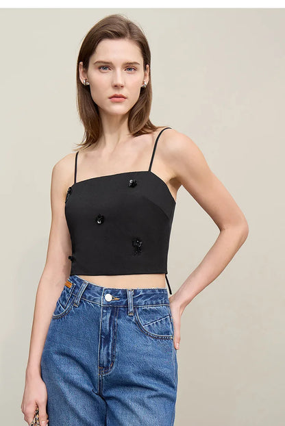 Women's Camisole 2026 Autumn New Casual Bead Women's Sleeveless Vest Square Neck Inner Wear Straps Short Slim Top 12621025