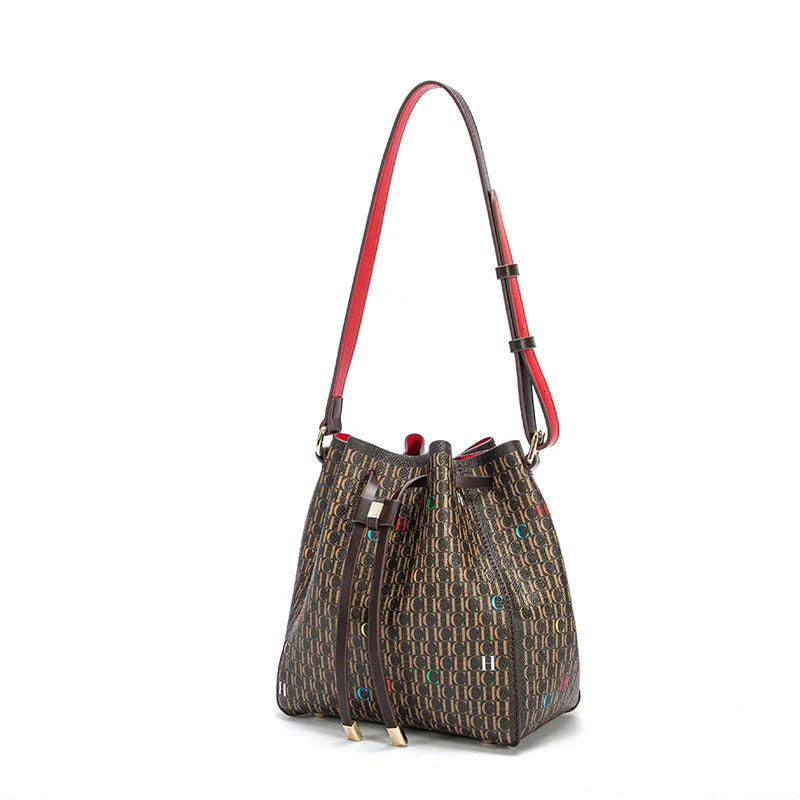 Letter Print Drawstring Opening Classic Women's Shoulder Bag Fashion Printed Bucket Bag Women's Vintage Crossbody Bag