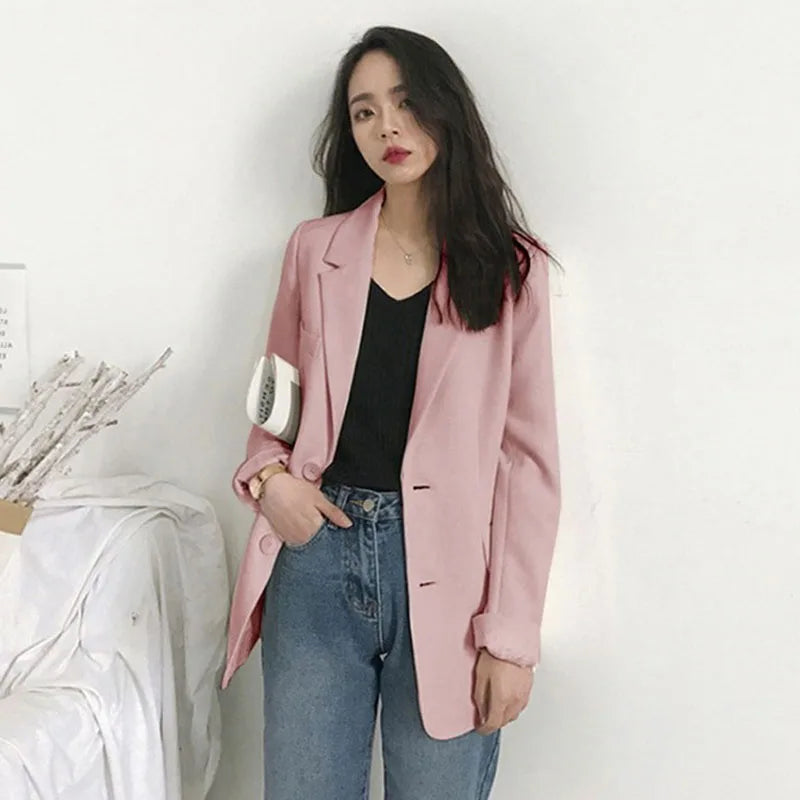 Elegant Women's Blazer Jacket Black Long Sleeve Button-Up Notch Lapel Office Jackets Woman Casual Solid Color with Pocket Blazer
