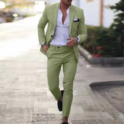 Casual Linen Tuxedo Suits for Men 2 Pieces Blazer and Pants Set Notched Lapel Men's Suit for Wedding Summer Beach Prom Party