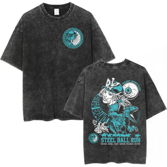 Anime Jojo Bizarre Adventure Washed T-shirt STEEL BALL RUN Diego Brando Manga T-shirts Men Women Cotton Casual Oversized T shirt