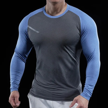Autumn Winter Men Gym Fitness Display Long Sleeve T-Shirt Crew Neck Elastic Moisture Wicking Tights Running Training Bottom Top