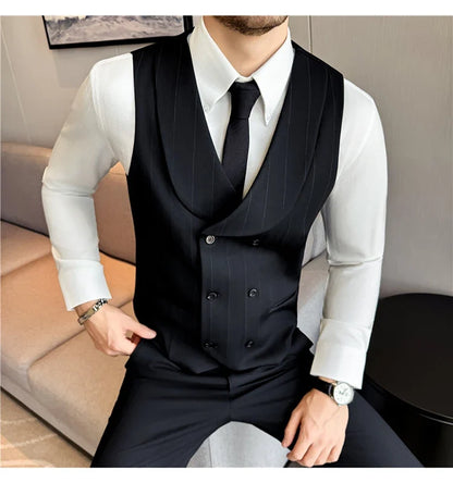 ( Vest+Pants) Autumn Winter Thicken Wool Striped Suit Vest 2 pieces Men Fashion Slim Fit Business Casual Wedding Dress Vest Sets