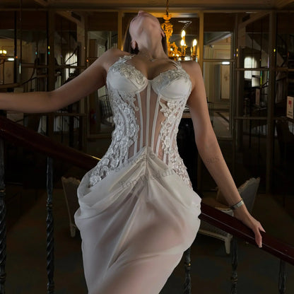 White Chiffon Mermaid Bridal Dress Halter Spaghetti Strap Bodice High Side Slit Lace Up Back Civil Engagement Party Wedding Gown