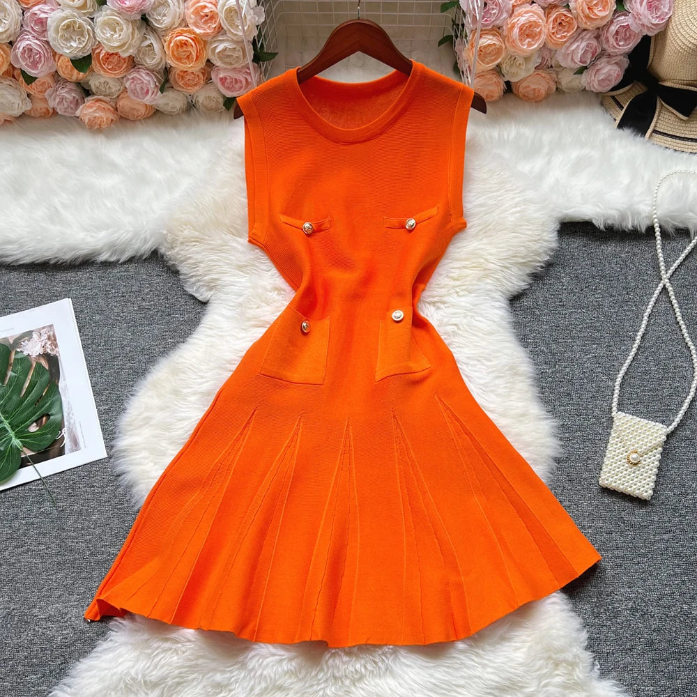 Chic Fashion 2026 Summer Pleated Short Dress Women O-neck Slim Waist A-line Party Dress Streetwear Lady Outfits Vestido