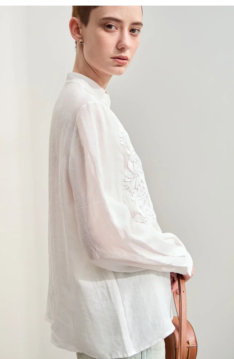 Minimalism Women Shirts 2024 Autumn New Chinese Stand Collar Lace Decal Shirt Fashion Female Shell Button Blouses 12443001
