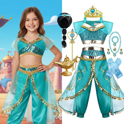 Jasmine Princess Dress for Girls Cosplay Aladdin Magic Lamp Costume Kids Halloween Birthday Carnival Party Vestidos