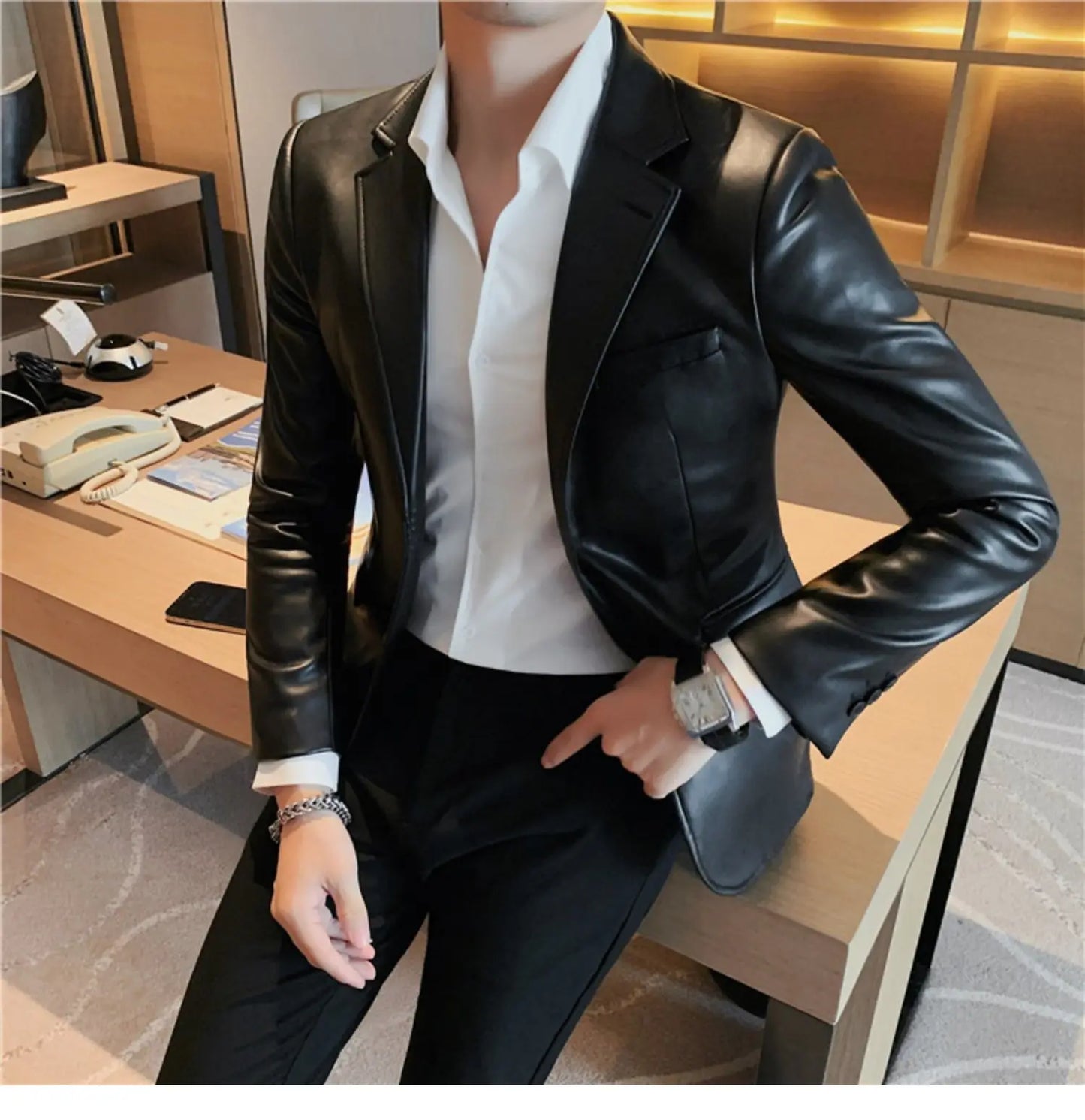 Men's Leather Jacket 2024 Autumn Highend Fashion Solid Slim Fit Business Blazers Coats Korean Casual PU Leather Suit Tuxedo