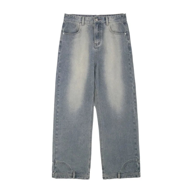 Vintage American Retro Reverse Side Turned Denim Jeans Men Women Couple Straight Wide Leg Baggy Drag Pants Trendy