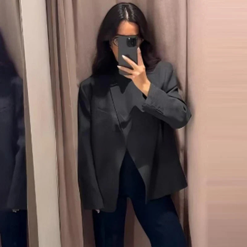Woman 2025 Asymmetric Dark Grey Blazer Woman Autumn Women's Blazer Crop Long Sleeve Fitted Jacket Korean Popular Outerwears