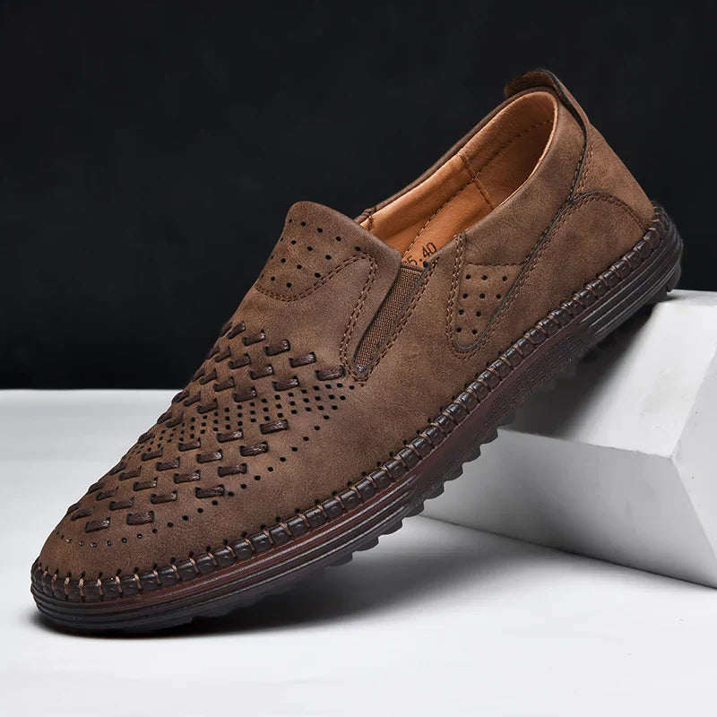 New 2024 Handmade Leather Men Shoes Design Fashion Sneakers Slip On Loafers Summer Mesh Breathable Casual Shoes Men Driving Flat