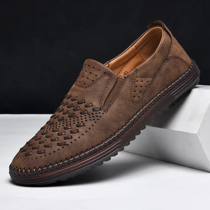 New 2024 Handmade Leather Men Shoes Design Fashion Sneakers Slip On Loafers Summer Mesh Breathable Casual Shoes Men Driving Flat