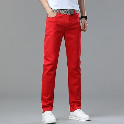 Men's Slim Fit Pants Casual Colorful 2025 Spring New Straight Trousers Men Cotton Stretch Fashion Pants Red Yellow Pink Blue