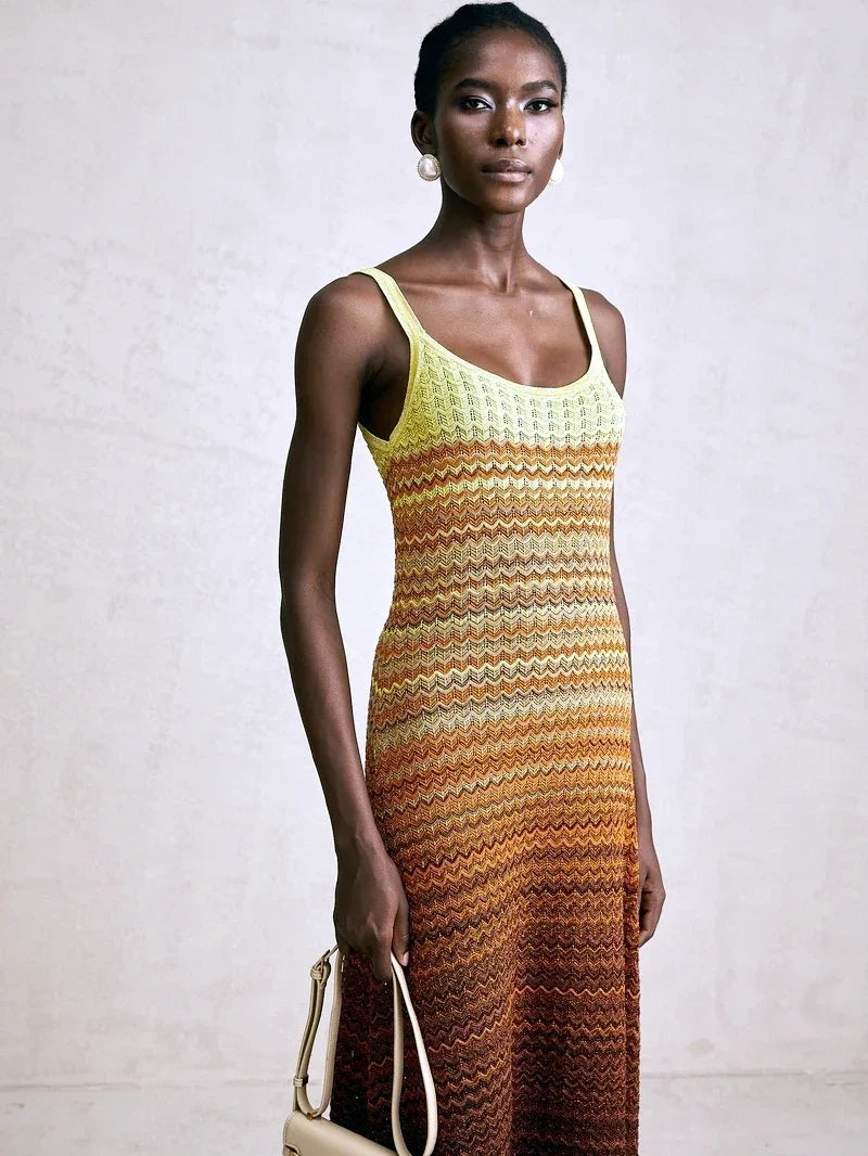Luxury Brand Design Women Elegant Boho African Golden Sequins Maxi Sleeveless Evening Party Vacation Dress Knitted Lady Clothing