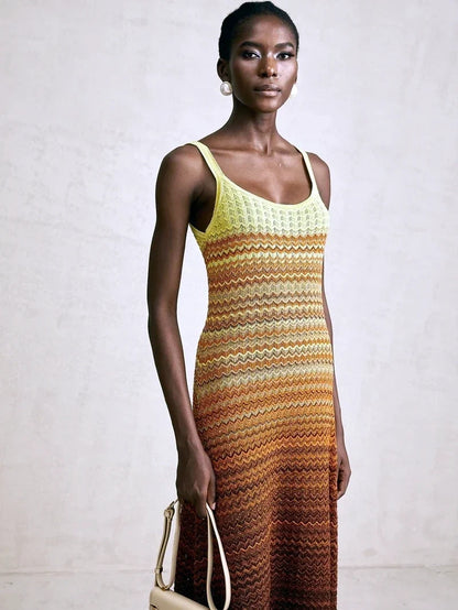 Luxury Brand Design Women Elegant Boho African Golden Sequins Maxi Sleeveless Evening Party Vacation Dress Knitted Lady Clothing