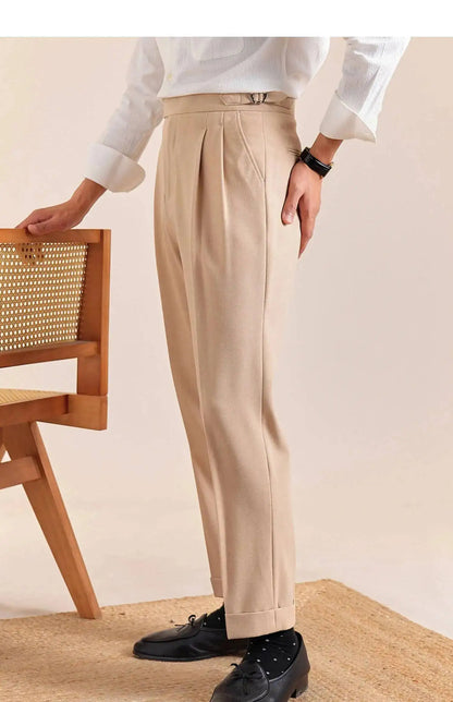 2025 New Italian Style Double Pleated Neapolitan Mens Formal Pants Casual Business Straight Leg High Waist Office Trousers Men