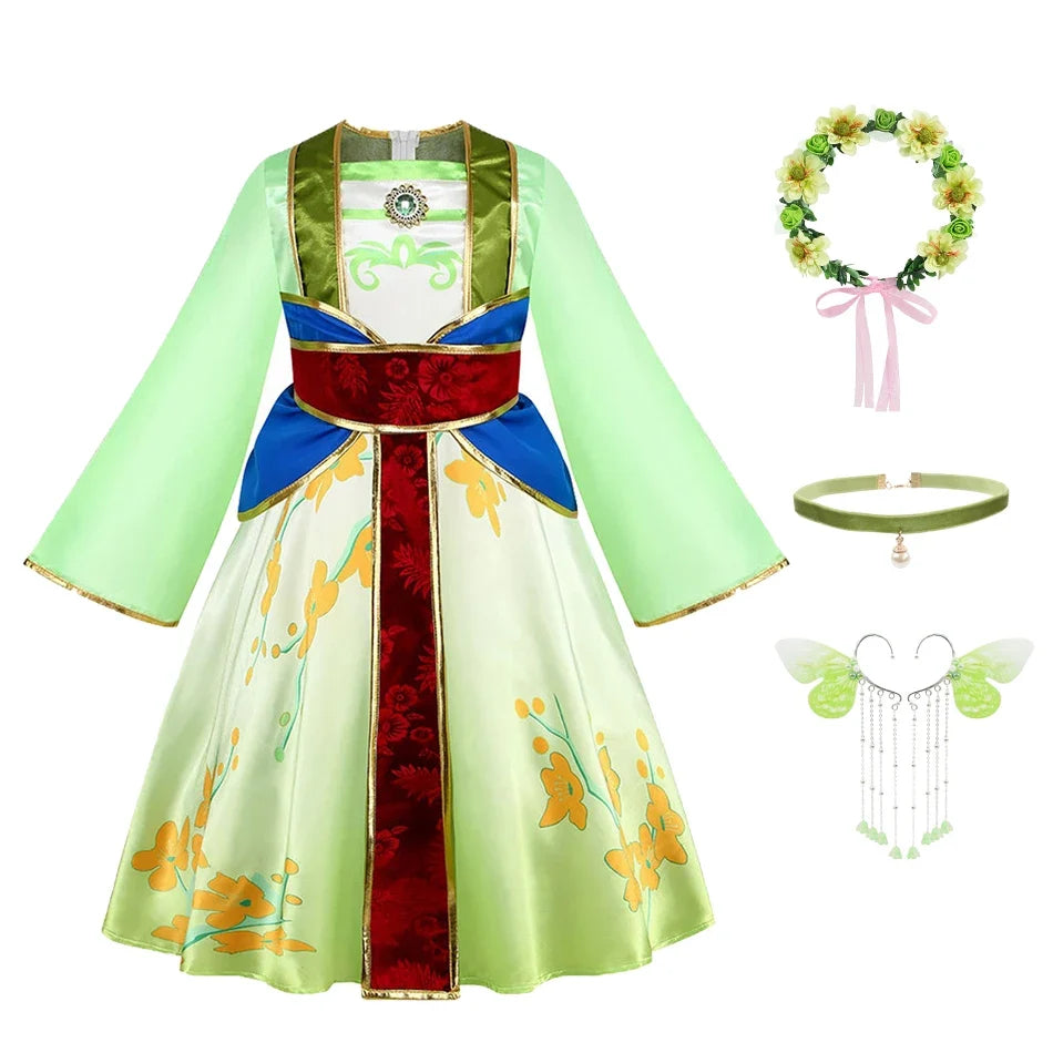 Mulan Cosplay Costume Girl Chinese-style Long-sleeved Hanfu with Hair Accessories Necklace Halloween Girl Hero Costume