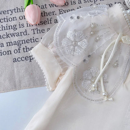 Summer New Chinese Style Elegant White Lace Flower Embroidered Short Sleeve Dress Sweet Girl's Clothes 2-7 Year Old Cheongsam
