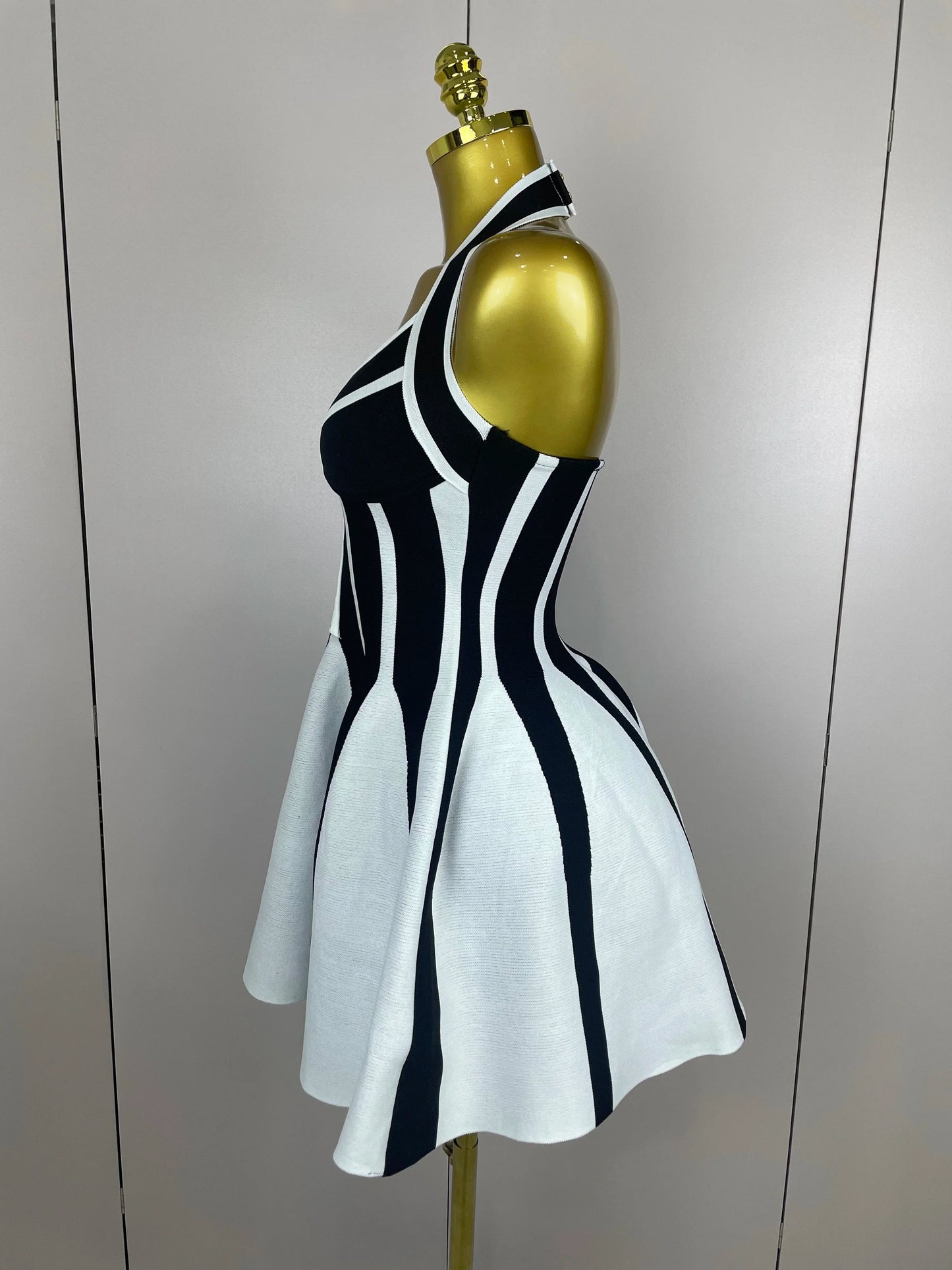 Sexy Backless Black White Stripes Halter Bandage A Line Short Dress 2025Women Celebrity Elegant Evening Party Holiday Club Dress