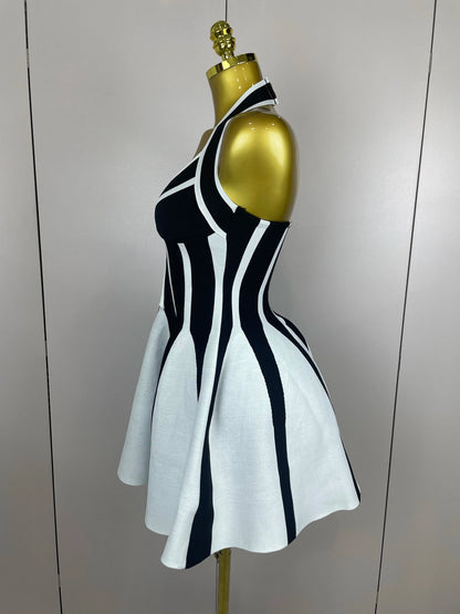 Sexy Backless Black White Stripes Halter Bandage A Line Short Dress 2025Women Celebrity Elegant Evening Party Holiday Club Dress
