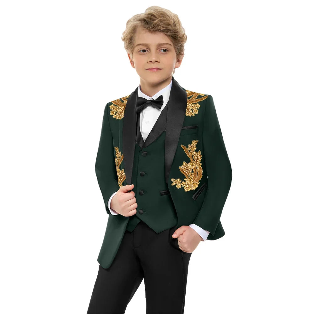 Stunning Luxurious Beaded Kids Suits Set 4 Pieces Handsome Dark Green Children's Tuxedo Party Wear Easter Boys Blazer In Stocks
