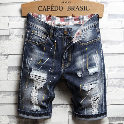 Brand Clothing New Summer Ripped Hole Denim Shorts Men Cotton Thin Straight Retro Biker Knee Length Short Jeans Male Streetwear