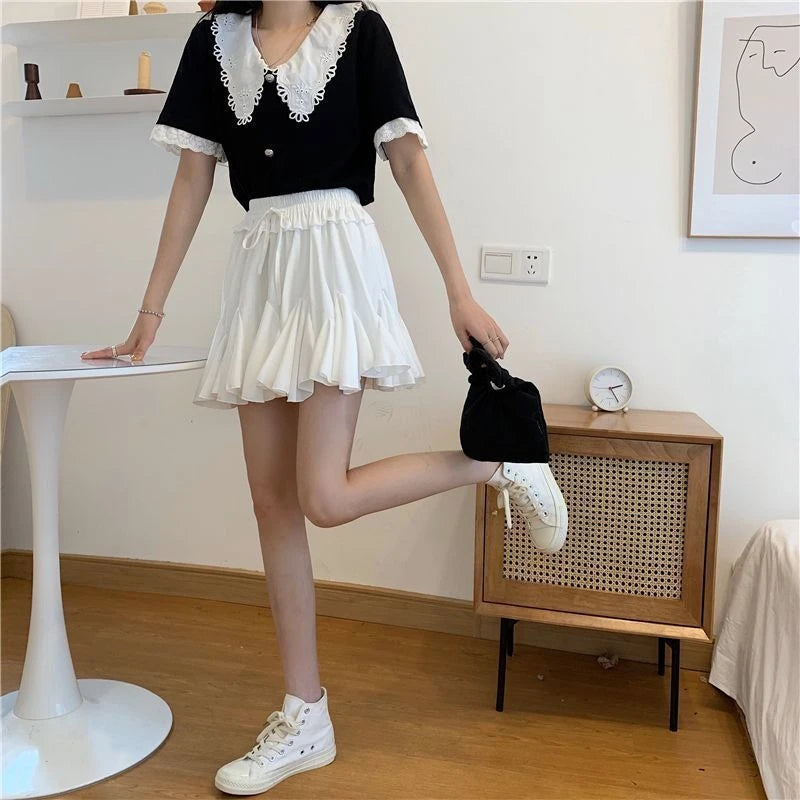 Summer Ball Gown White Mini Skirts Women 2024 Casual High Waist Ruffles Faldas Korean Bow Harajuku Y2k Micro Tennis Skirt Black