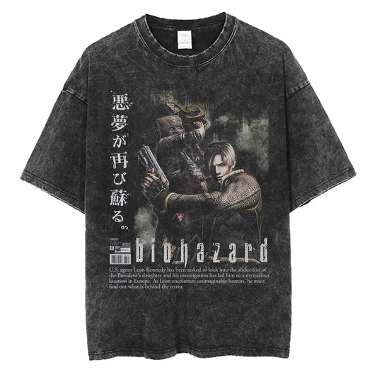 1990S Resident Evil Biohazard Leon Kennedy Oversized T shirt 100% Cotton Vintage Washed T-shirt for men women